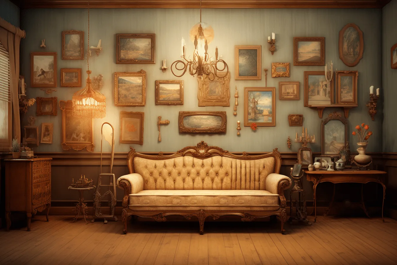 Image of an old era room with fancy frames painted on the wall with a sofa, realistic lighting, witty vignettes, photo-realistic techniques, light navy and light brown, flickr, found-object-centric, large canvas paintings
