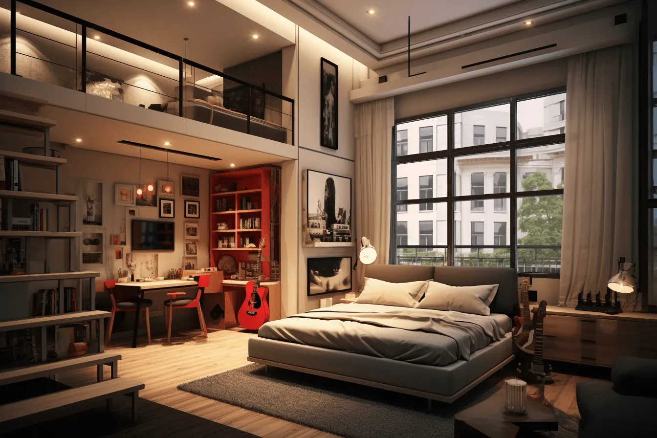 Loft design for bedroom  modern loft design indian, photorealistic urban scenes, uhd image, red and black, life in new york city, large-scale, detailed