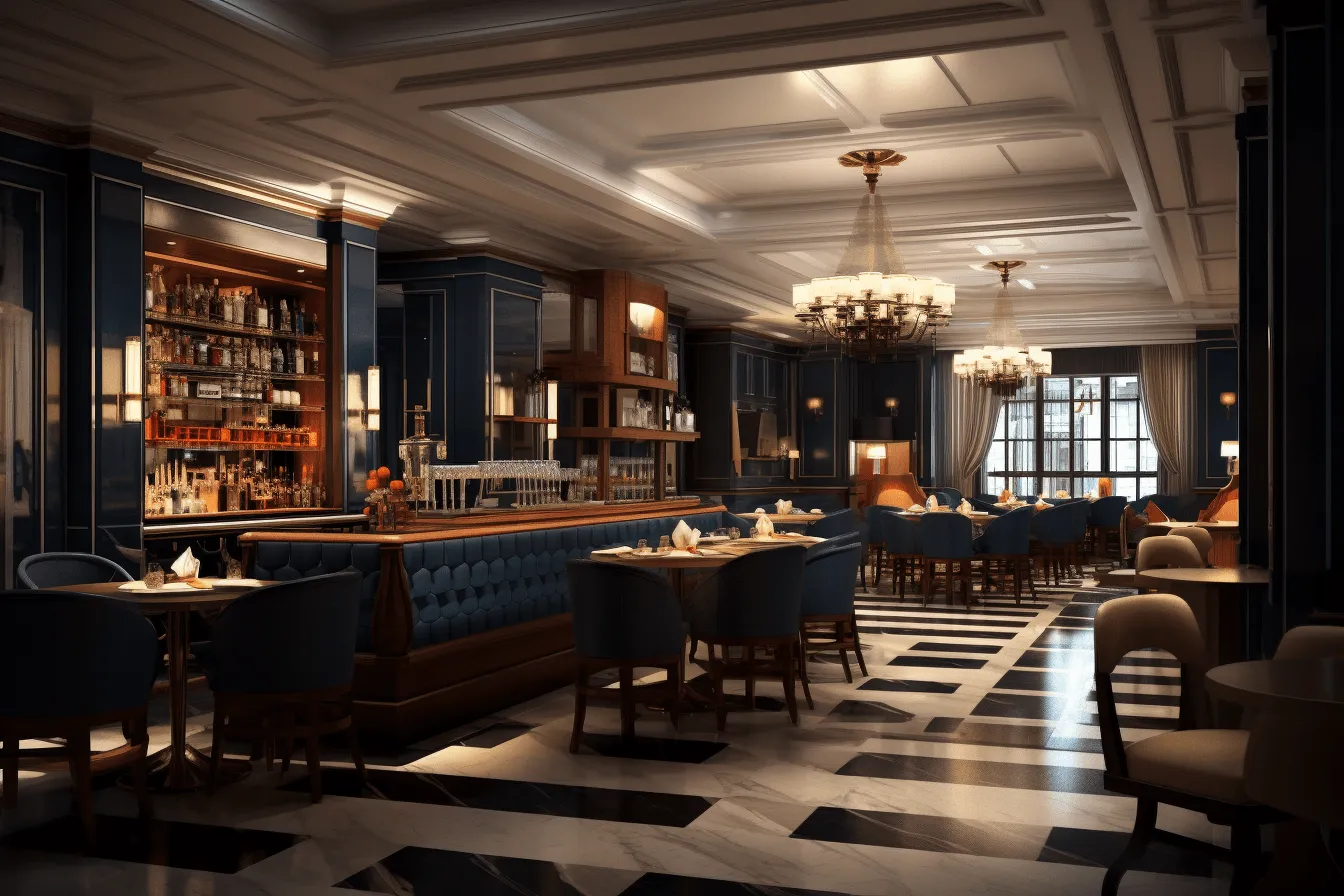 3d rendering of the dining room, with blue walls, noir atmosphere, classic academia, caffenol developing, realistic and hyper-detailed renderings, classical architectural details, lively tavern scenes, dark white and navy