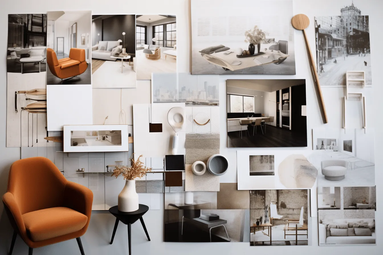 Big board filled with pictures and art., architectural abstractions, muted color palettes, industrial and product design, light gray and dark amber, minimalist color palettes, photorealistic details, light indigo and black