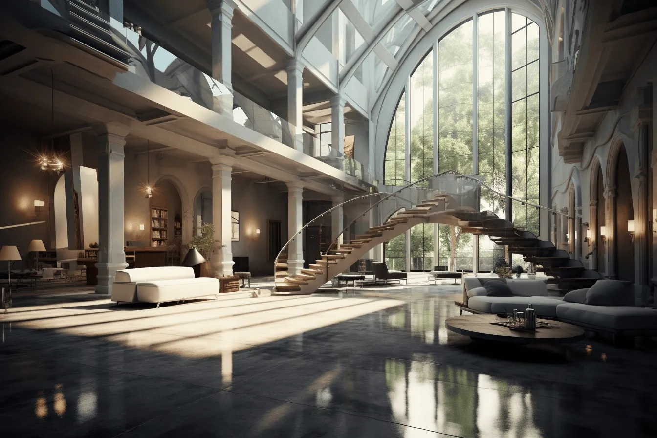 Impressive living room featuring large glass windows and a staircase, photobashing, ornate, high detailed, monumental architecture, atmospheric serenity, luxurious, sanctuary