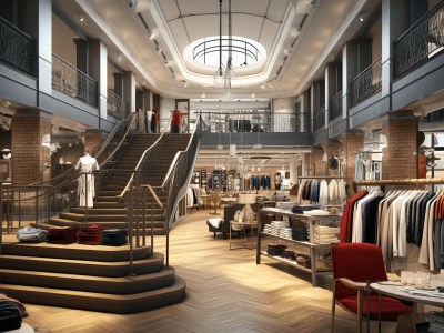 Indoor Style Fashion Store With Numerous Coat Racks And A Staircase