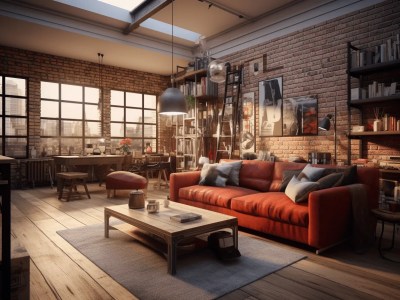 Industrial Living Room With Brick Walls And Red Couch
