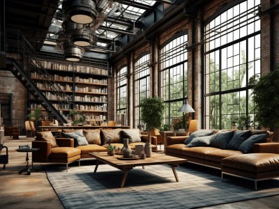 Industrial Living Room With Leather Sofas And Shelves