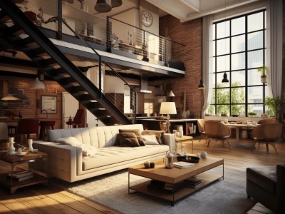 Industrial Living Room With Stairs
