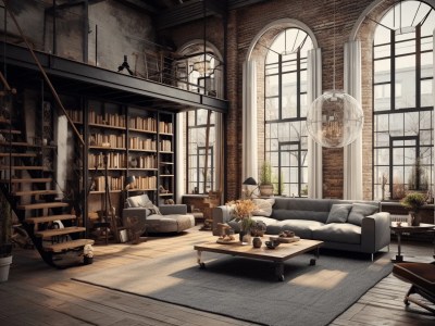 Industrial Style Living Room With High Windows Surrounded By Wood