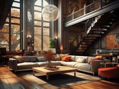 Industrial Style Living Room With Stairs And Couches