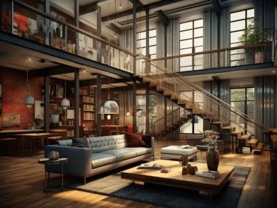 Industrial Style Living Room With Wooden Flooring And A Wooden Stairs