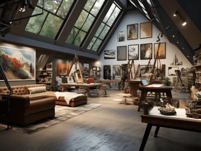 Inside Of A Beautiful Loft, Filled With Paintings