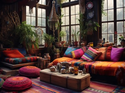 Interior Living Room With Colorful Bohemian Style Decor In White