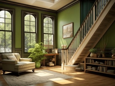 Interior Rendered In Green Tones With A Living Room, Stairs And Stairs