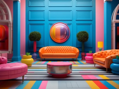 Interior Space With Sofas And Chairs In Various Bright Colors