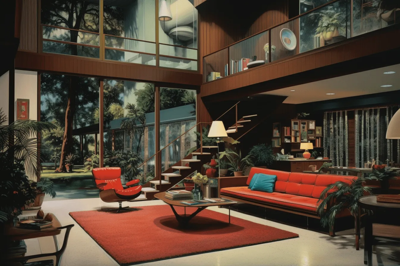 Large living room with stairs, mid-century illustration, dark red and light azure, outdoor scenes, found-object-centric, realistic and hyper-detailed renderings, hasselblad 500c/m, red and amber