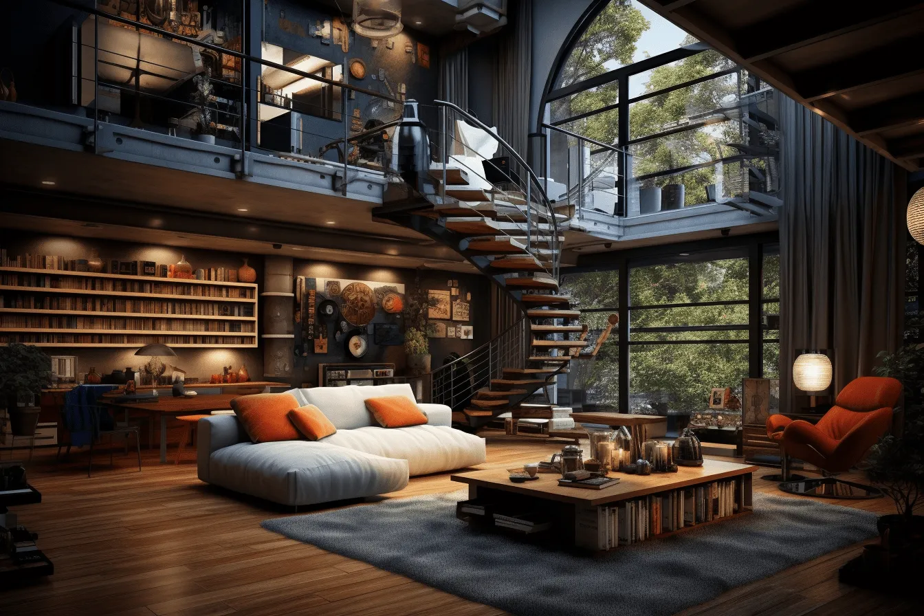 Living room with a large staircase, post-apocalyptic themes, dark silver and light orange, 32k uhd, cottagecore, industrial machinery aesthetics, cabincore, zen-inspired