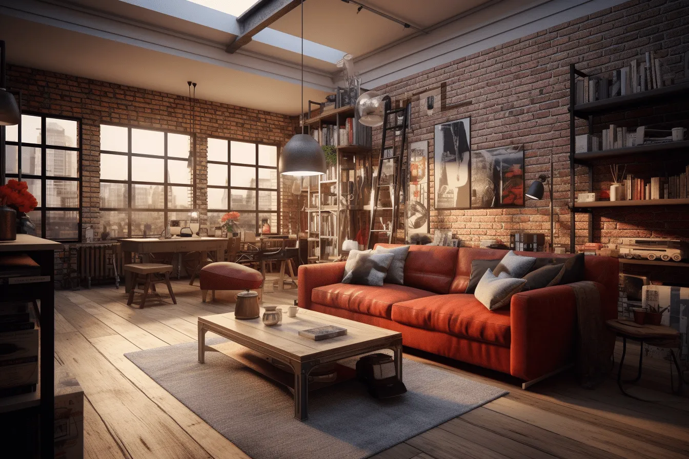 Living room with a brick wall, vray tracing, red and amber, industrial urban scenes, suburban ennui capturer, atmospheric scenes, 32k uhd, red