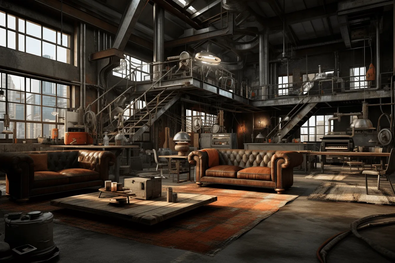 Brown couch has brown cushions, industrial horror, detailed environments, industrial machinery aesthetics, firecore, dark gray and gray, leather/hide, light-filled scenes