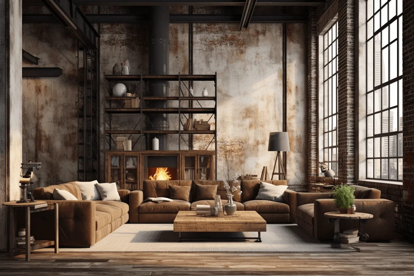 Old factory interior, vintage interiors, dark beige and dark amber, realistic interiors, unique and one-of-a-kind pieces, misty atmosphere, eco-friendly craftsmanship, rusty debris, metallic accents