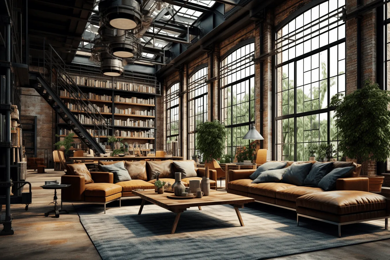 Large windows in the room, industrial-inspired, bibliopunk, realistic hyper-detailed rendering, dark amber and indigo, industrial elegance, weathercore, utilizes