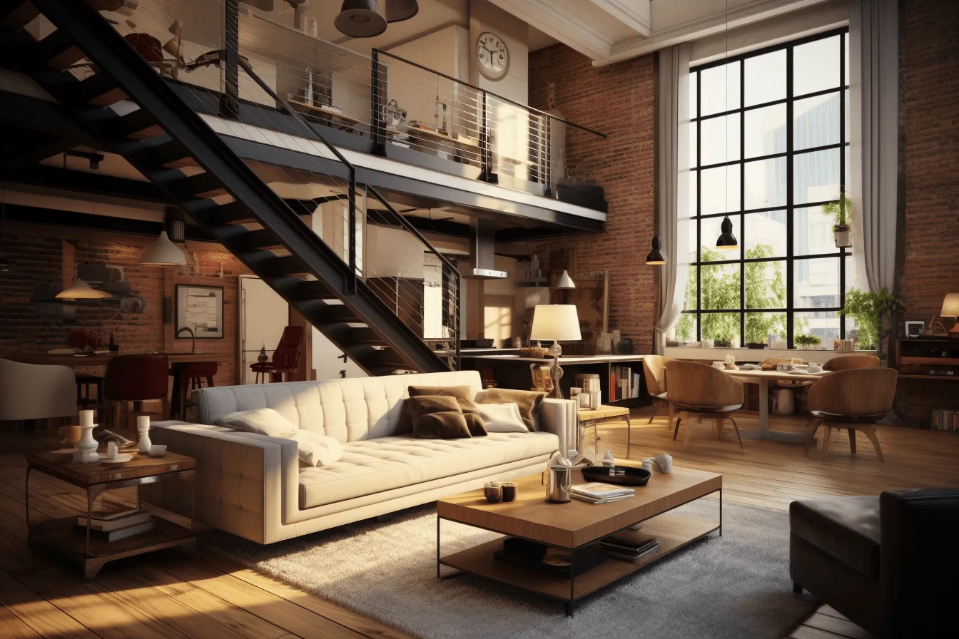 Living room concept modern industrial loft, highly staged scenes, light brown and black, light-filled scenes, airy and light