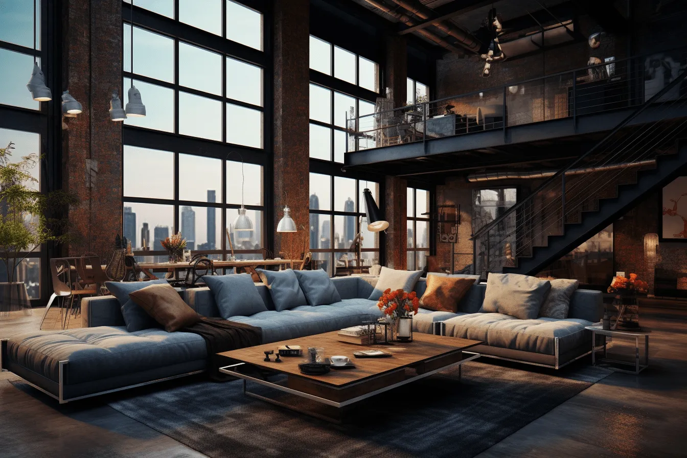 Slanted wall of windows is shown in two rooms of the loft, vray tracing, industrial urban scenes, indigo and brown, majestic ports, monumental style, steel, multi-layered compositions