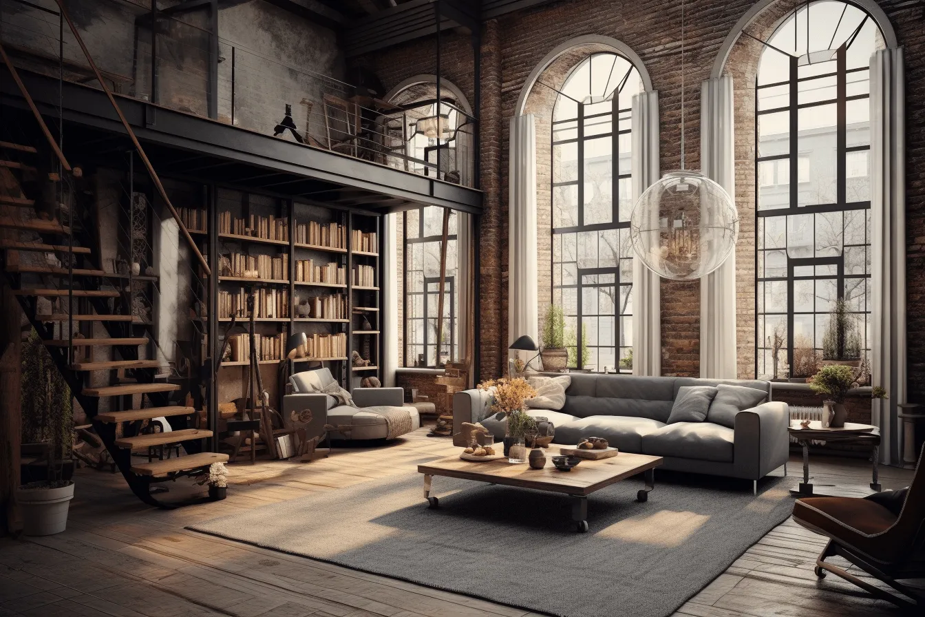Living room with tall windows in the loft space, industrialization, vray tracing, books and portfolios, made of wrought iron, detailed world-building, creative commons attribution, 32k uhd