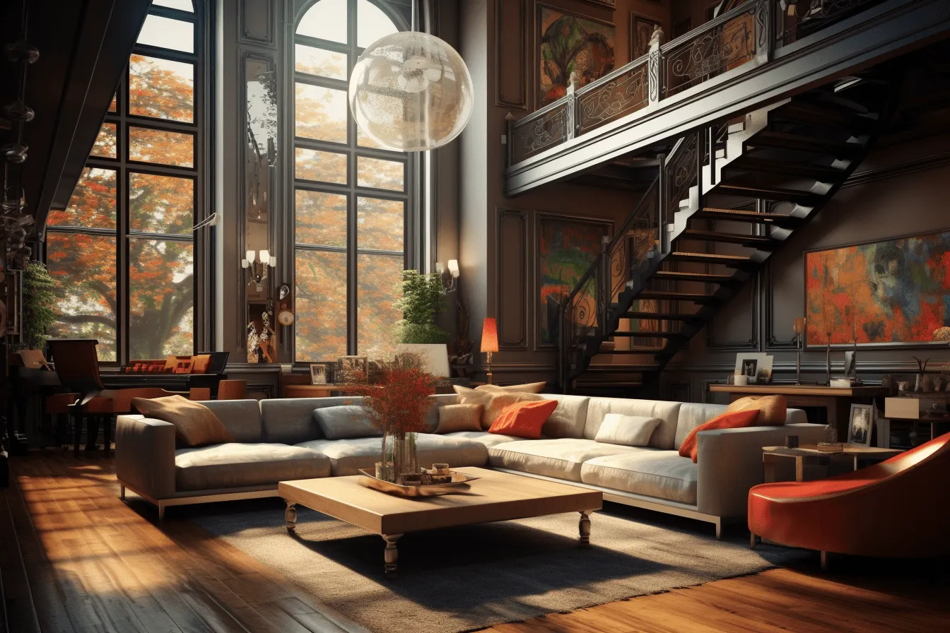 Livingroom with a couch and stairs, dark gold and orange, vray tracing, old-world charm, lively nature scenes, urban-inspired, uhd image, new york school