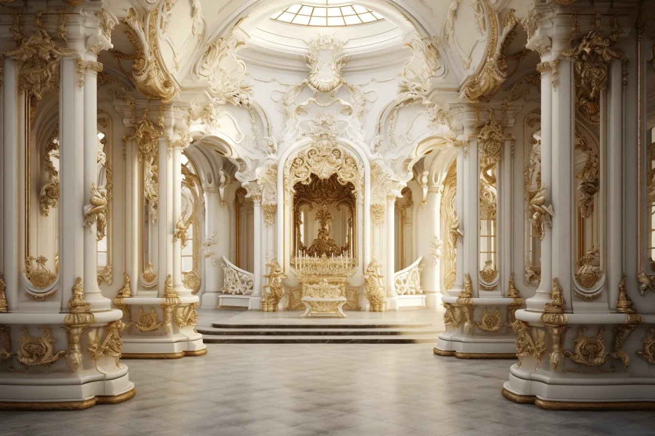 3d rendering of a royal rotunda, rococo extravagance, white and gold, unreal engine 5, german romanticism, altarpiece, vray tracing, wealthy portraiture