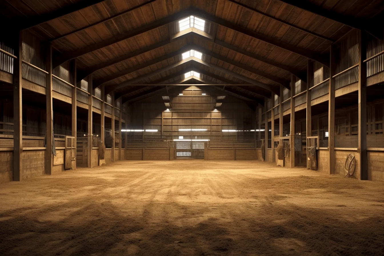 Barn is an empty one, realistic lighting, uhd image, light brown and light amber, precisionist lines, dusty piles, high-angle, eerily realistic