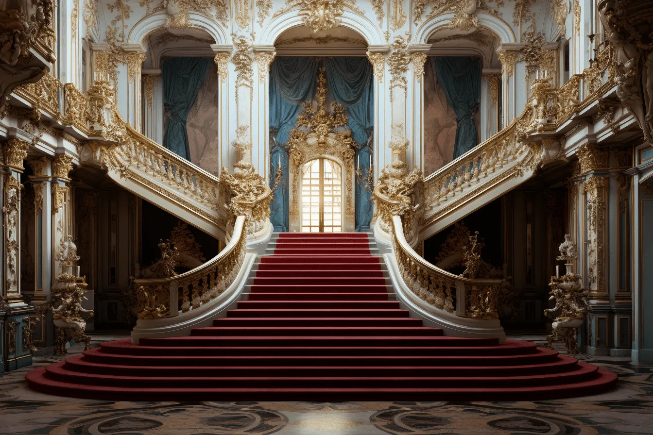 Russian royal palace exterior with entrance with staircase red carpet royalty , photorealistic surrealism, rococo interiors, uhd image, dark teal and light gold, baroque-inspired still lifes