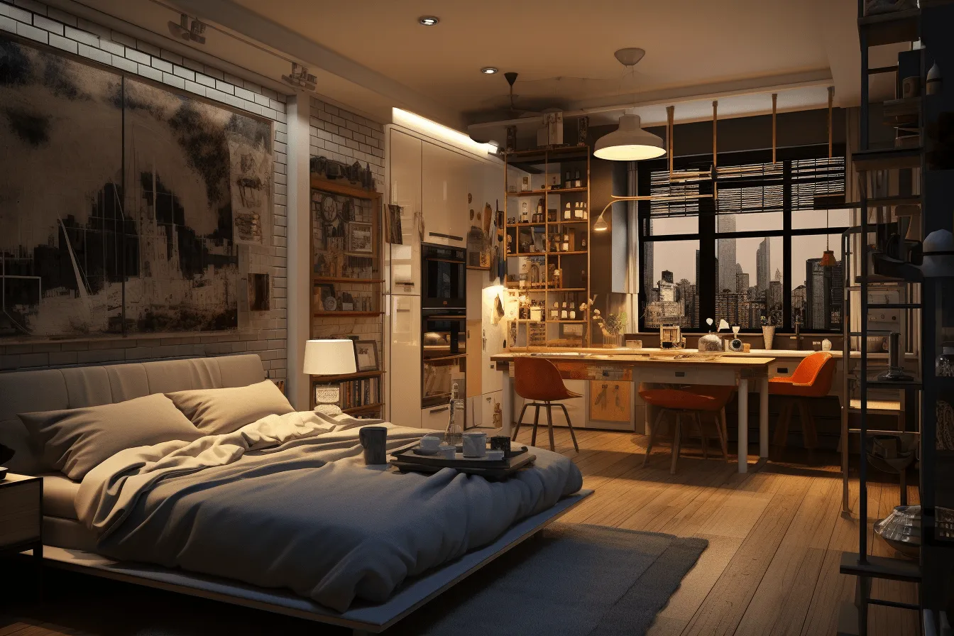 Bedroom has an industrial style, realistic urban scenes, 32k uhd, cartoonish features, gloomy metropolises, warm tones, domestic scenes, urban grittiness