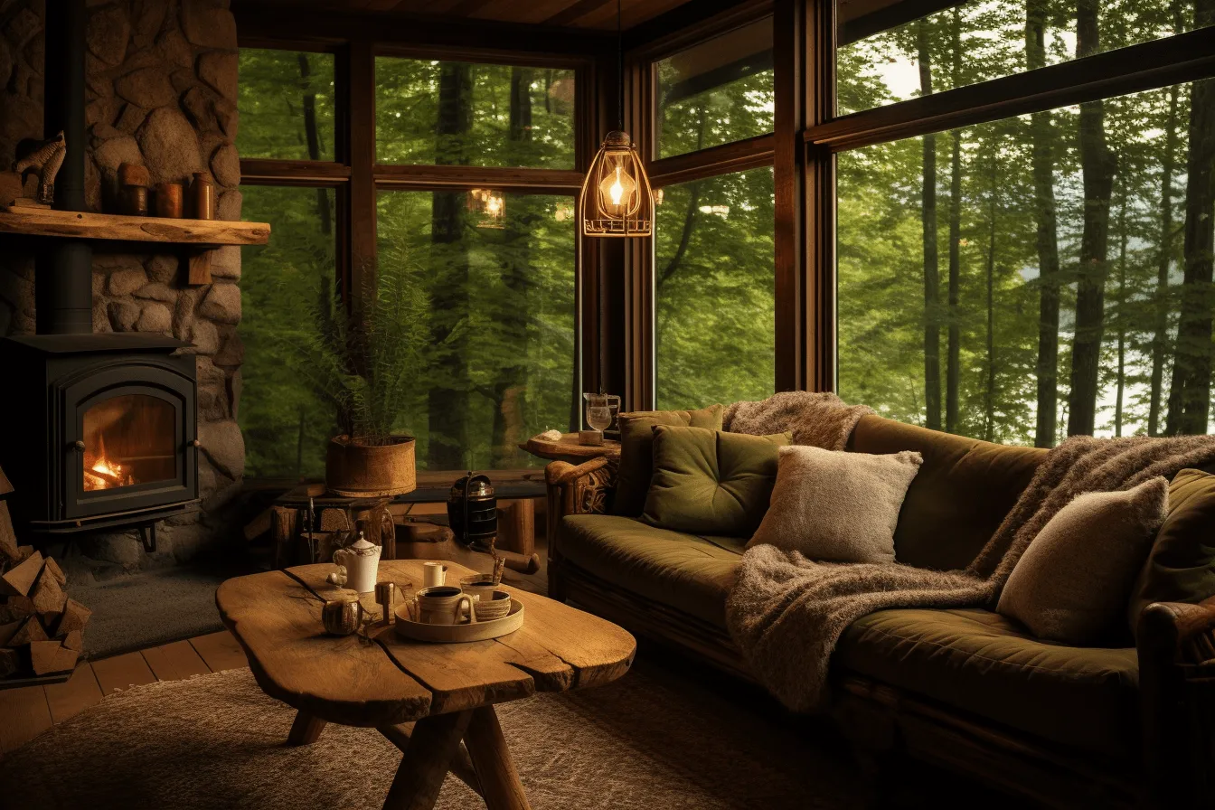 Wood and stone fireplace in a den surrounded by trees, atmospheric and dreamy, green and amber, atmospheric woodland imagery, romanticized views, cabincore, moody and atmospheric, 32k uhd