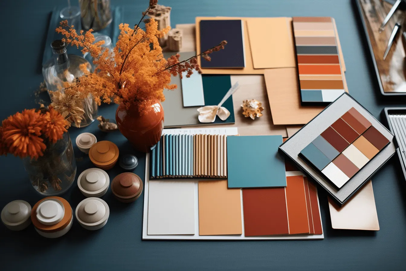 Color palette is arranged in front of a vase of flowers, dark orange and light blue, monochromatic palettes, eco-friendly craftsmanship, cyan and amber, subdued palettes, hand-painted details, dark sky-blue and light beige