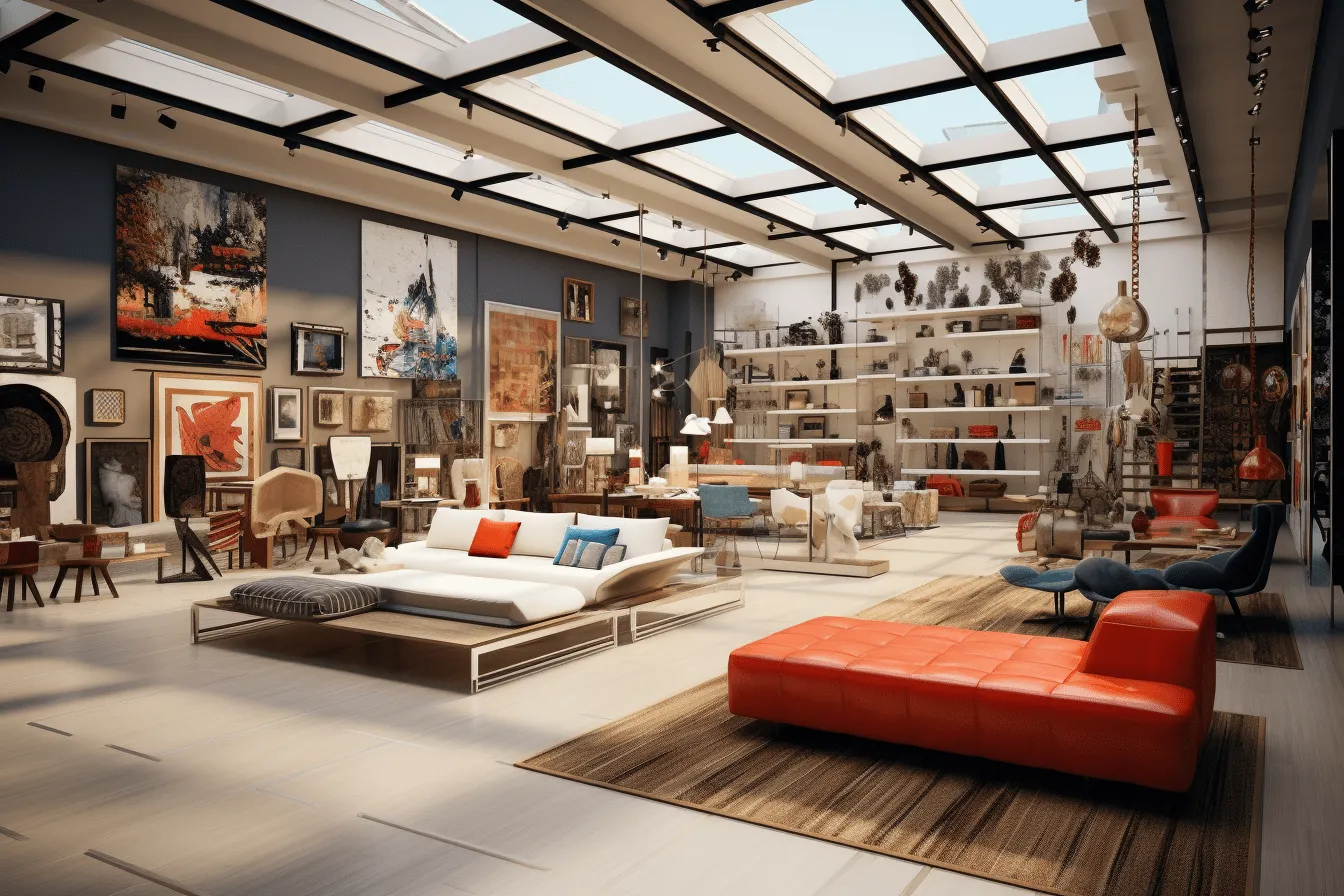 Image of an industrial living room, 32k uhd, sky-blue and red, orange and beige, organized chaos, vray, orientalist influences, blown-off-roof perspective