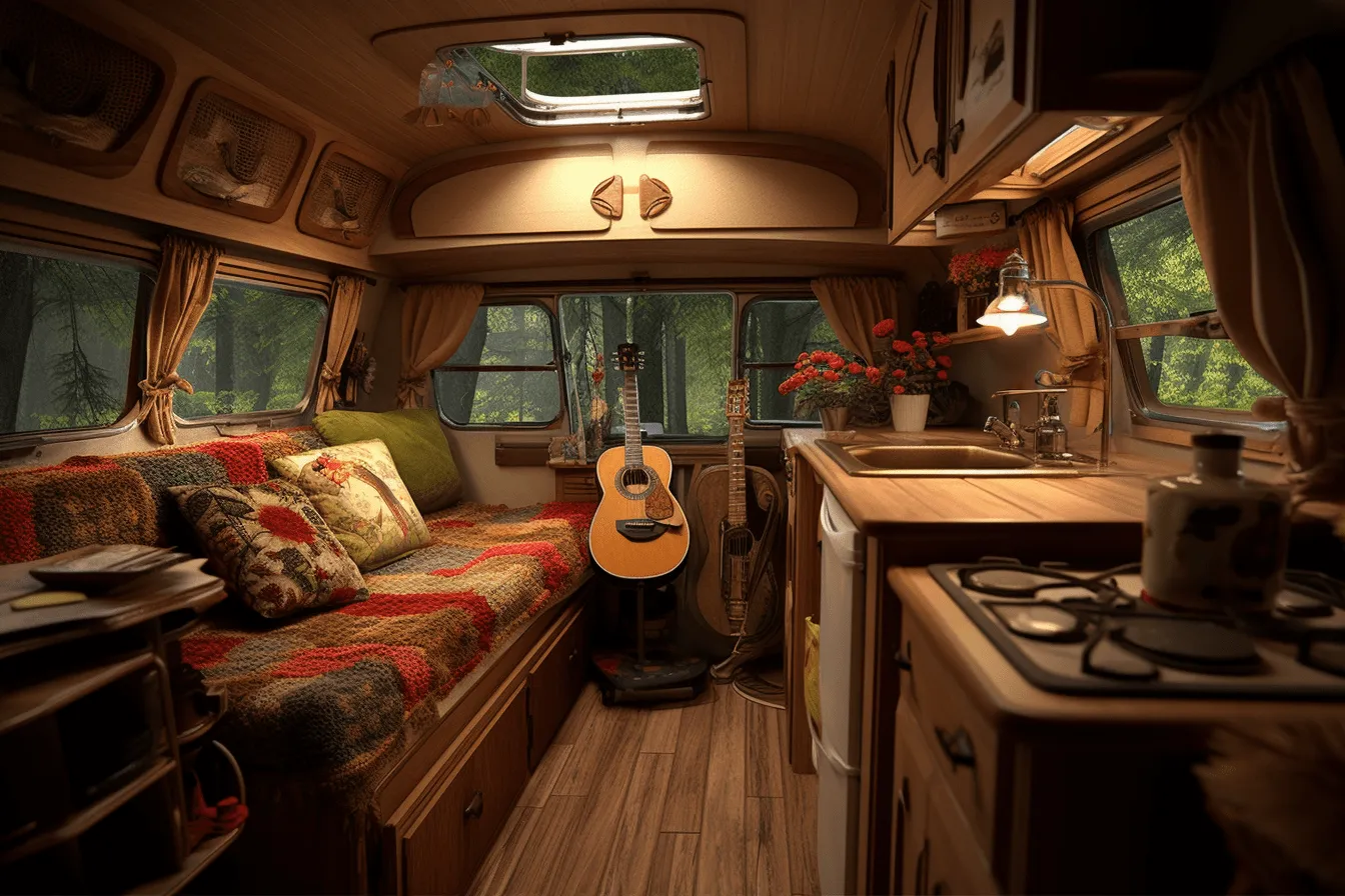 Interior in a van, nostalgic natures, photorealistic renderings, flickr, nature inspired, ultra detailed, troubadour style, light amber and red