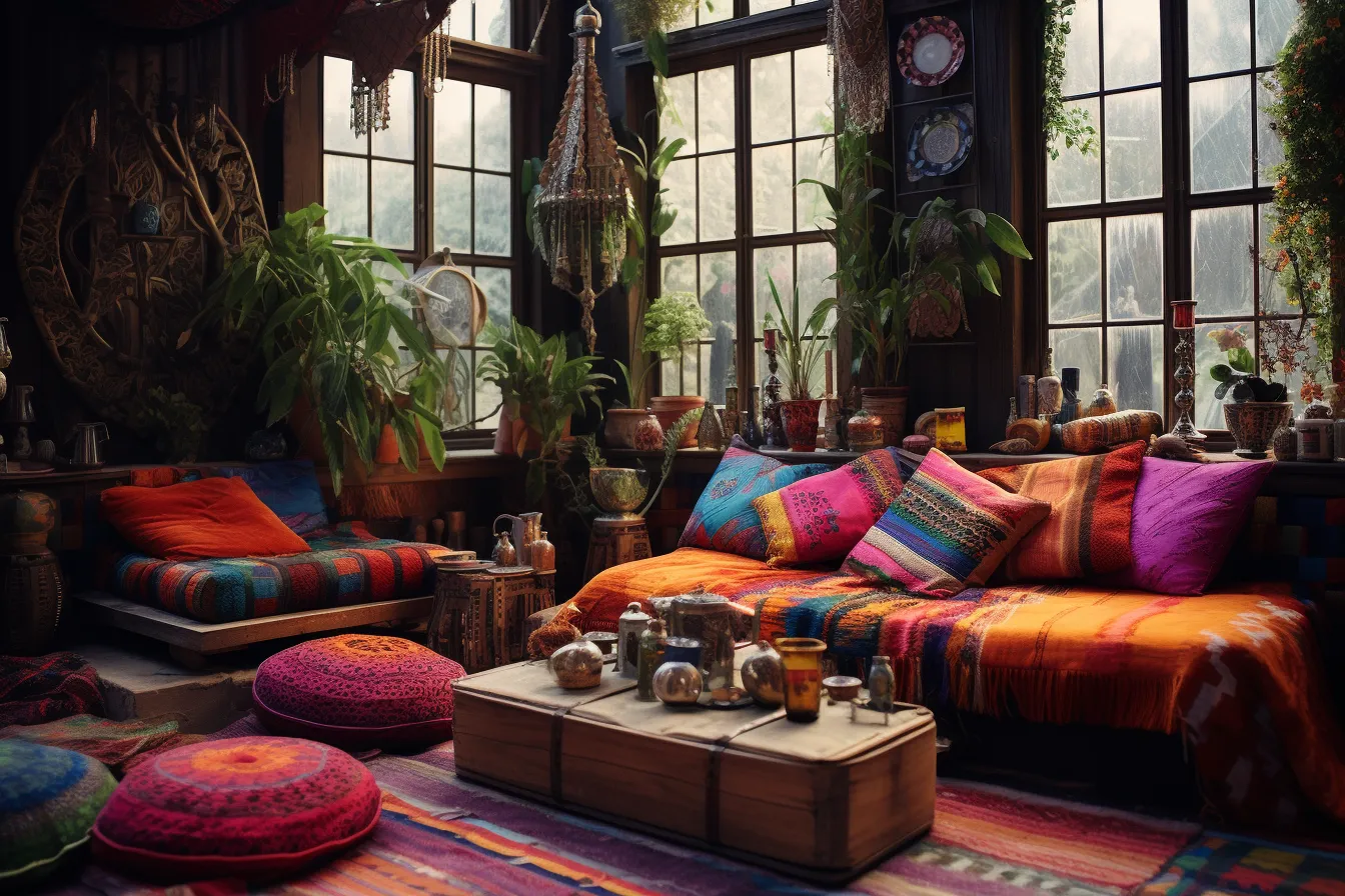 Interior living room with colorful bohemian style decor in white, exotic fantasy landscapes, moody atmosphere, high resolution, uhd image, vintage atmosphere, cabincore, multi-layered