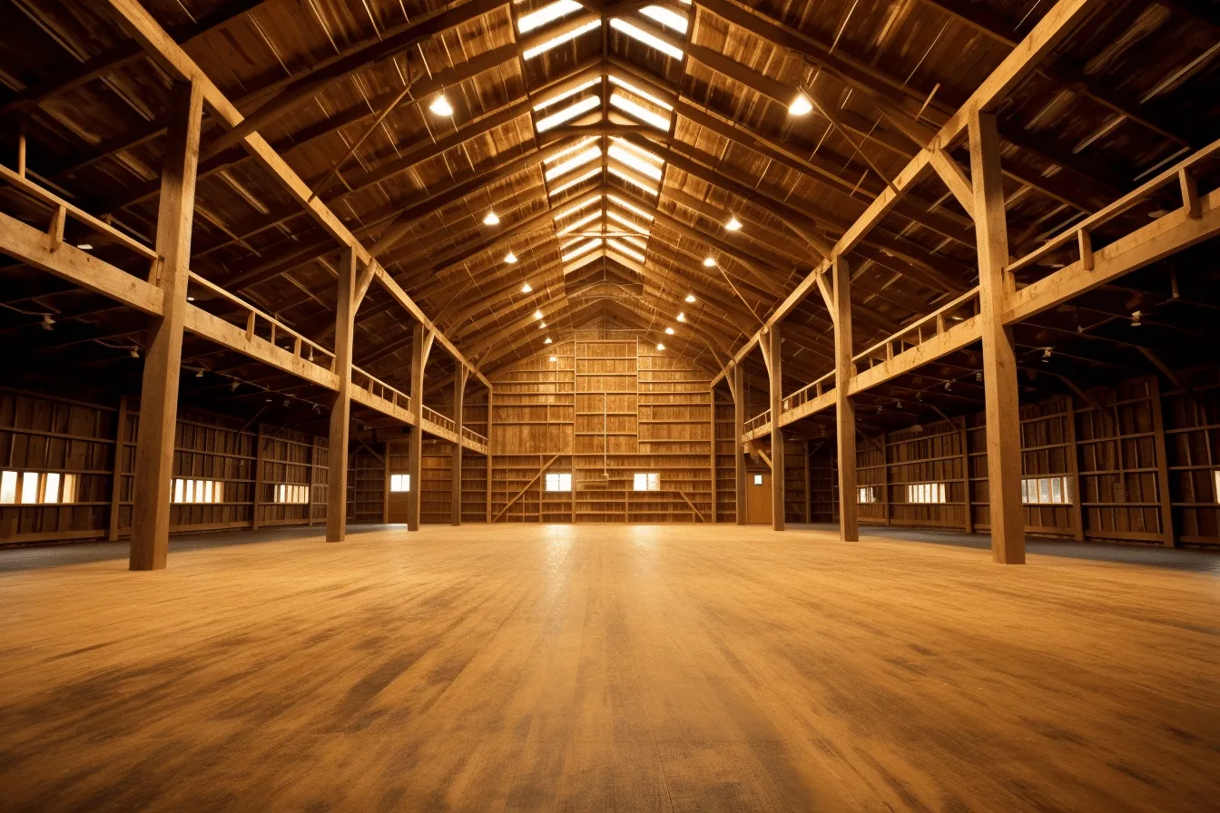 Inside of a large wooden building is white, mood lighting, american tonalist, light amber, celebration of rural life, mingei, structural symmetry, strong contrast between light and dark
