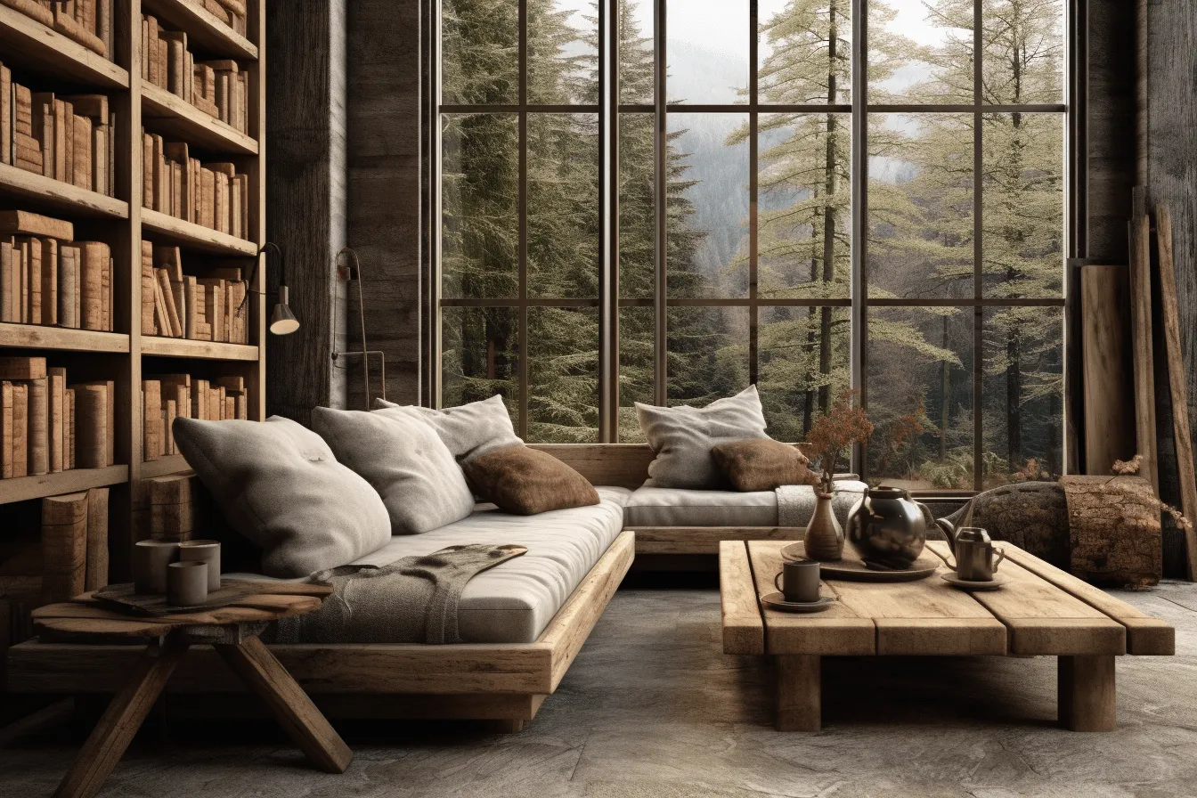 Living room with lots of natural light and wooden furniture, atmospheric and moody landscapes, glass as material, fictional landscapes, industrial design, mountainous vistas, atmospheric woodland imagery, beige