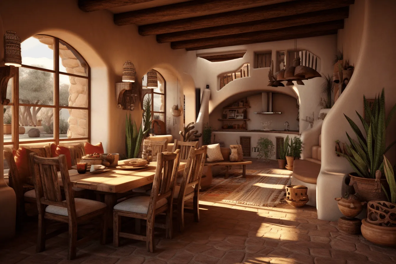Small dining area with a small patio and a fireplace, melds mexican and american cultures, vray tracing, depiction of rural life, arched doorways, 32k uhd, light red and light brown, sunrays shine upon it