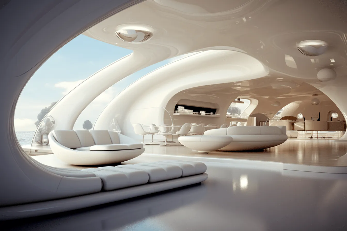 Interior of an futuristic living room, porcelain, detailed skies, biomorphic forms, detailed architecture, solarizing master, floating structures, sleek
