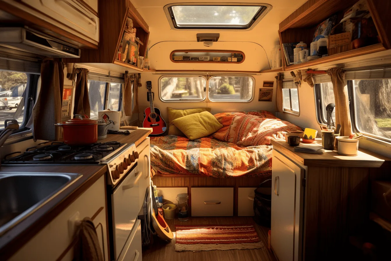 Kitchen is in the back corner of the van, realistic interiors, retro filters, orange and gold, uhd image, bold patterned quilts, backlit photography, beige and amber