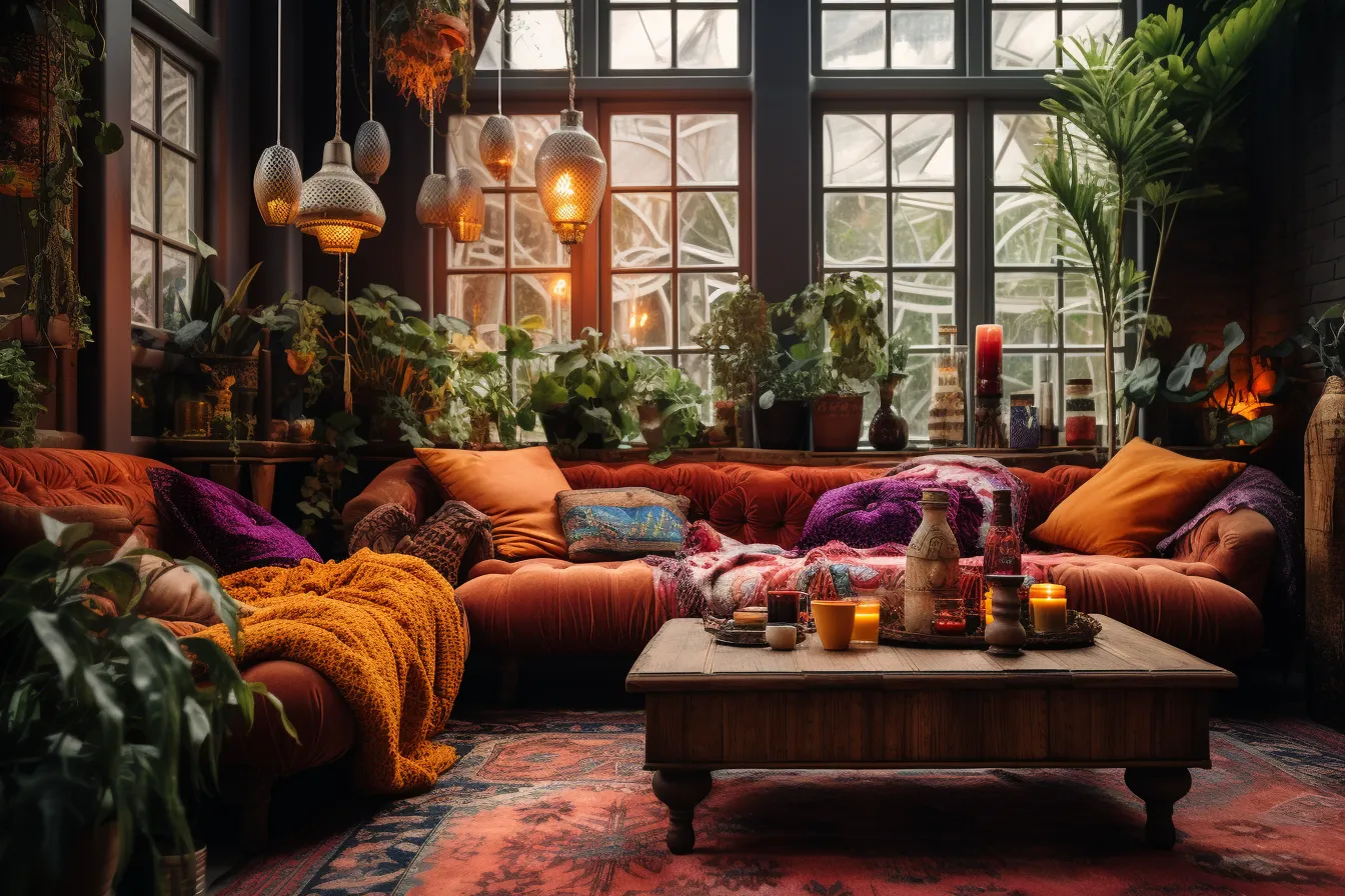 Bohemian living room with lots of greenery, dark orange and maroon, uhd image, atmospheric lighting, dark amber and magenta, high quality photo, dutch genre scenes, romanticized views