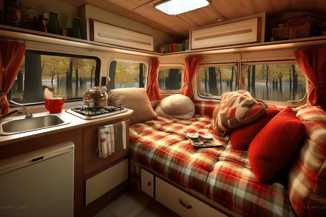 Rv inside a wooden trailer, realistic hyper-detailed rendering, red and amber, soft and dreamy atmosphere, minolta riva mini, dark beige and light amber, iconic american, grid-based