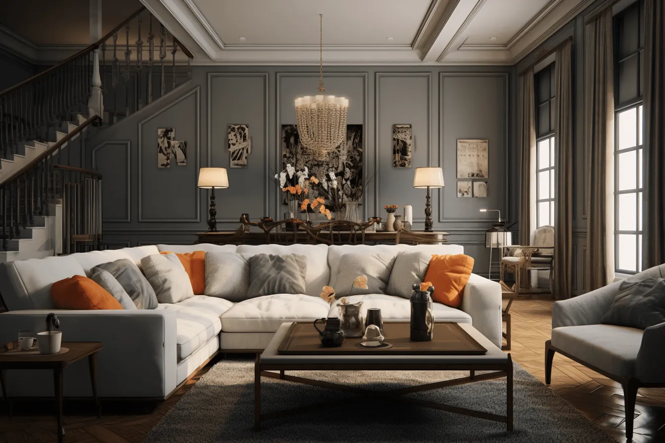 3d rendering of a modern living room of living room, dark silver and orange, historical influences, contemporary faux naïf, vintage charm, dark white and beige, caravaggesque, bold and busy