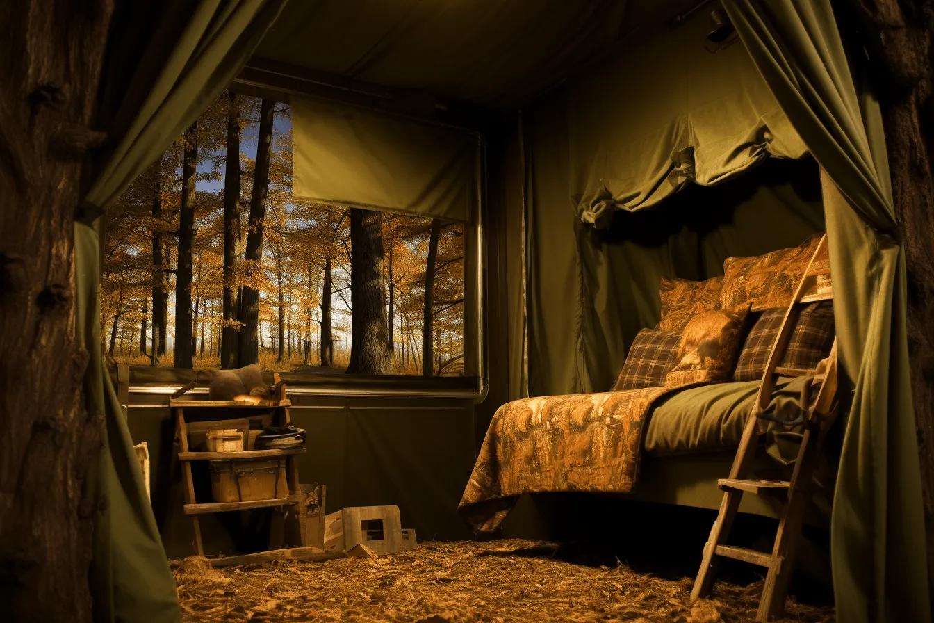 Interior tent bedroom, atmospheric woodland imagery, dark yellow and brown, wildlife photography, detailed hunting scenes, rollei prego 90, windows vista, richly colored skies