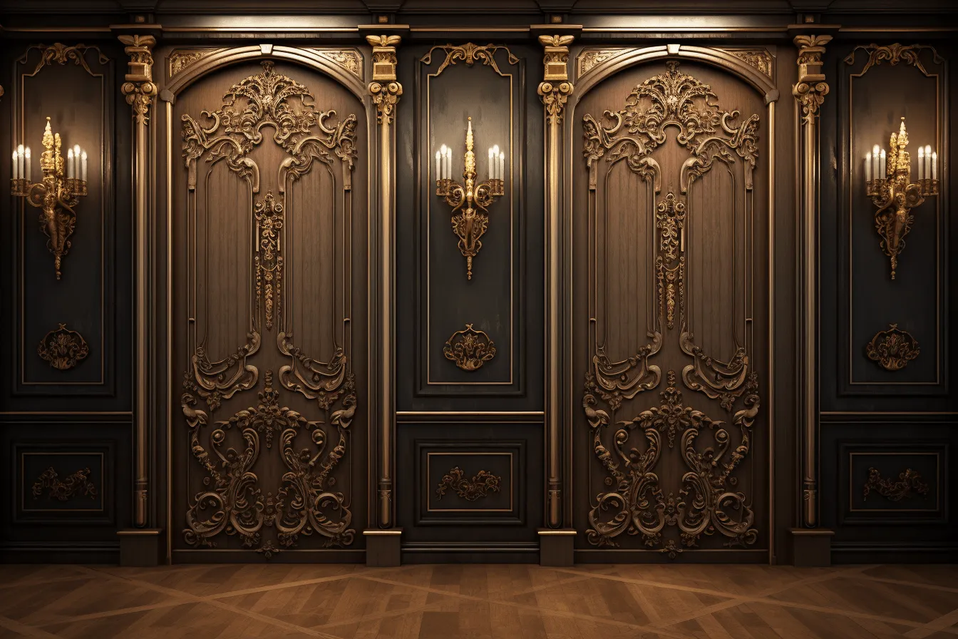 Front door of an ornate room, realistic, detailed rendering, dark gold and brown, 8k 3d, baroque chiaroscuro lighting, layered veneer panels, vintage charm, wood sculptor