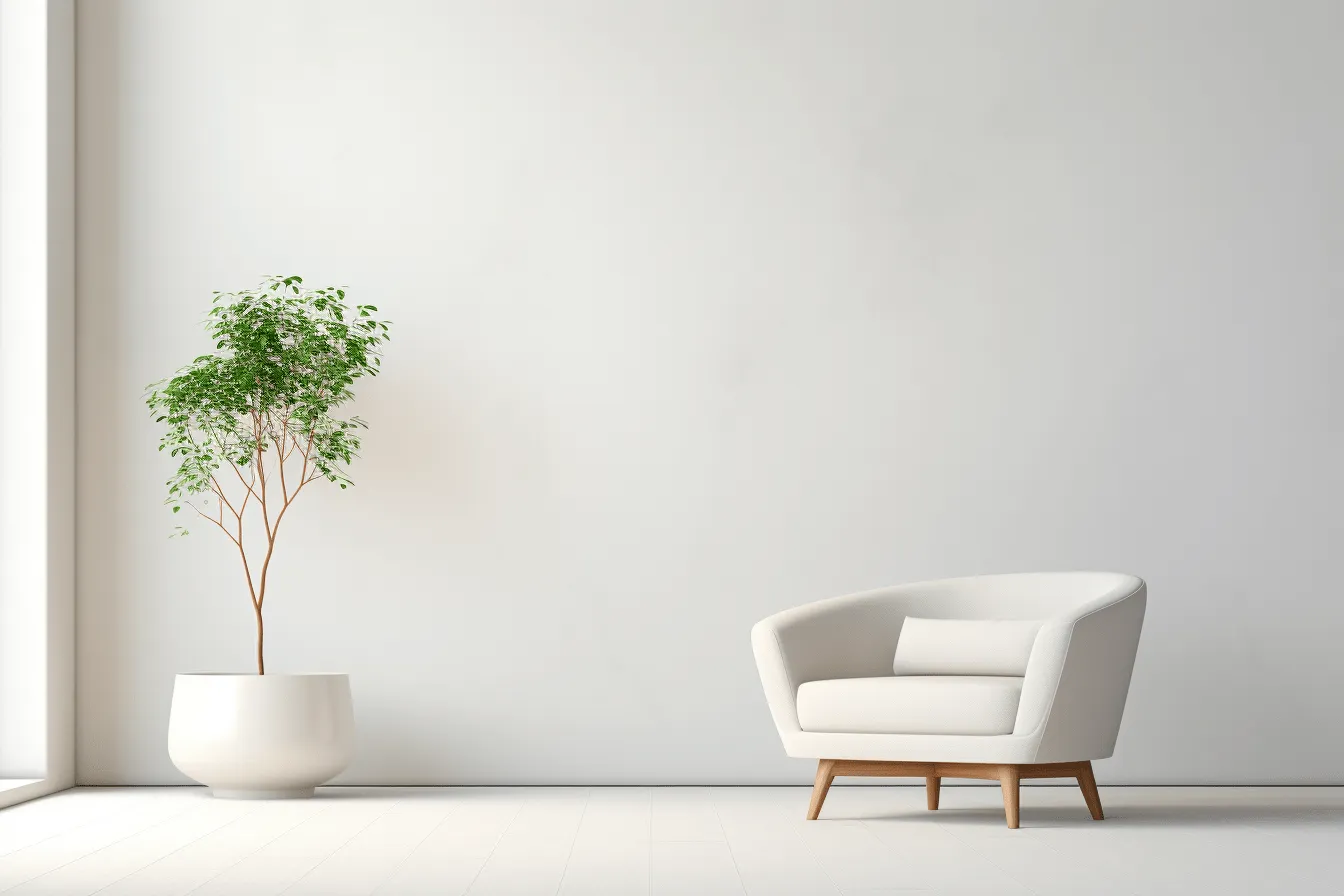 Isolated white chair in front of a white wall with a plant, zen-inspired, soft, blended colors, sketchfab, minimalist backgrounds, texture-rich surfaces, muted colorscape mastery