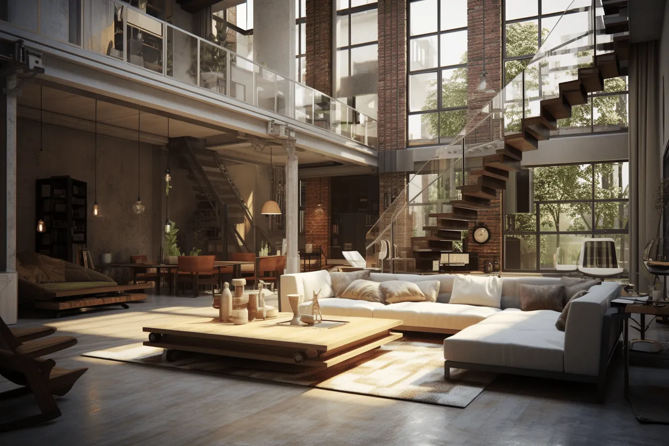 Living area has many large windows, vray tracing, industrial machinery aesthetics, 32k uhd