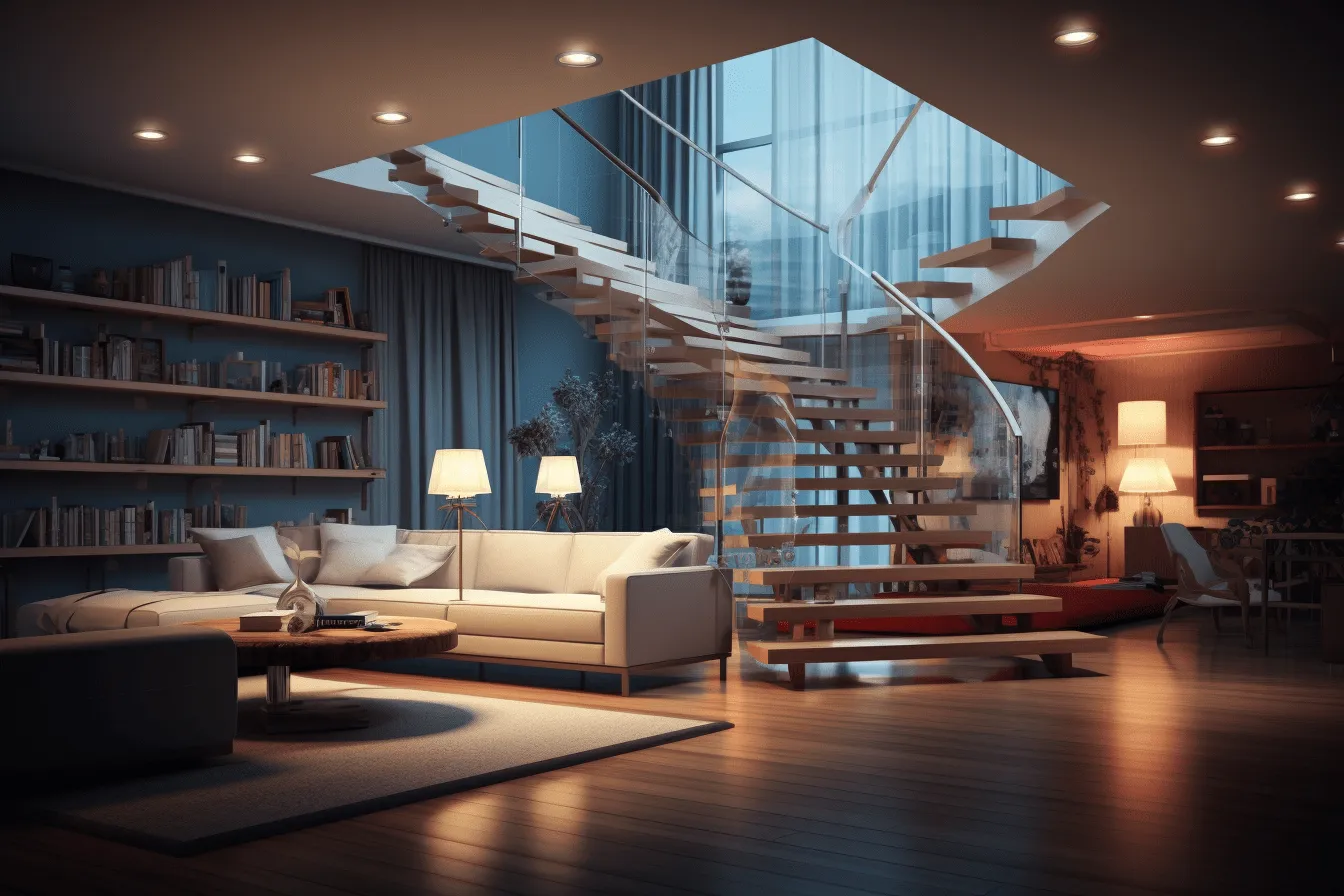 L shaped home with stairs and modern living room, dramatic atmospheric perspective, transparent layers, global illumination, dark sky-blue and light beige, illuminated interiors, romantic interiors, intense lighting and shadow