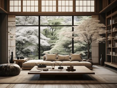 Japanese Living Room With Wooden Furniture