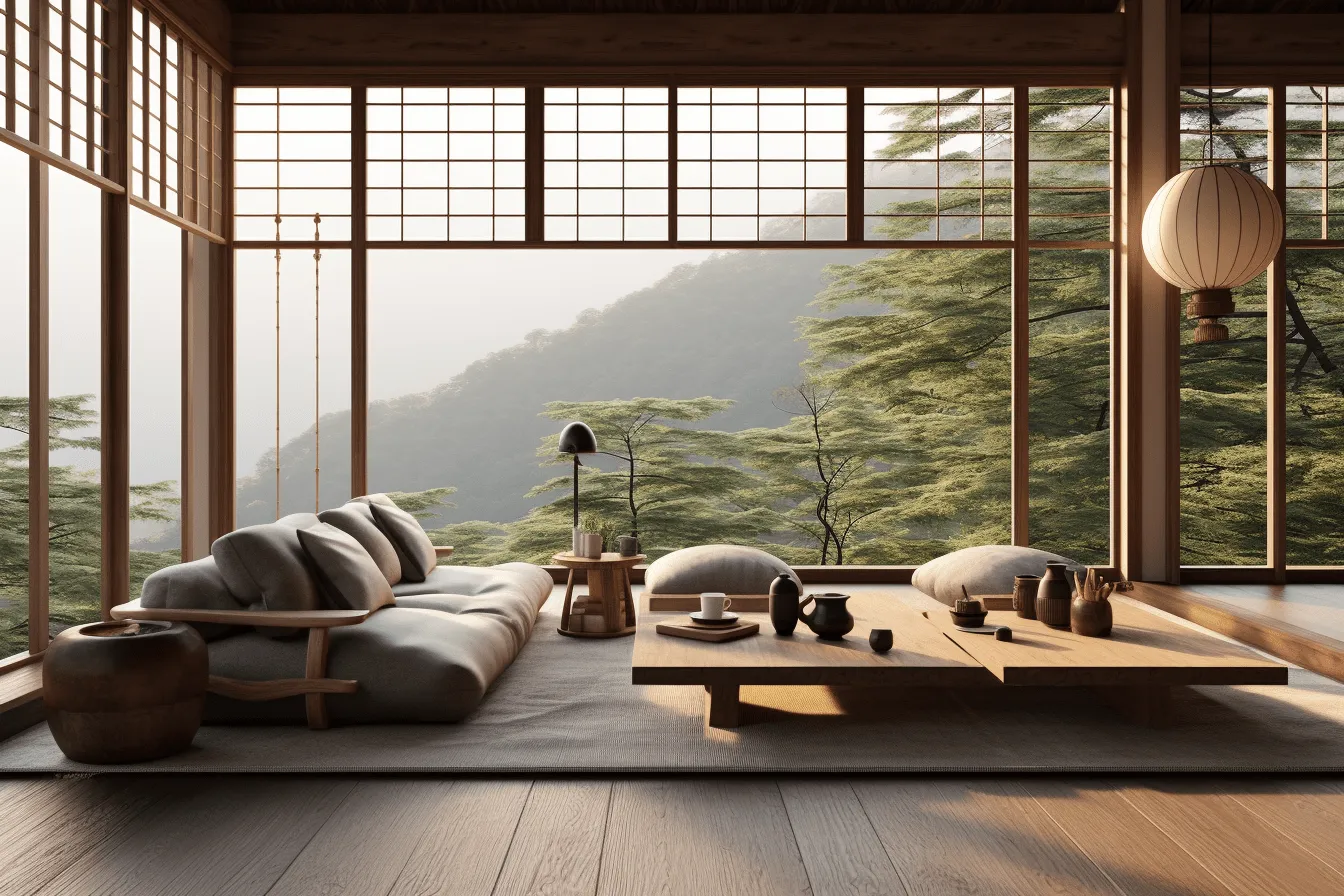 Japanese architecture and interior design, vray tracing, mountainous vistas, soft atmospheric perspective, photorealistic compositions, light-filled compositions, captures the essence of nature, rendered in maya